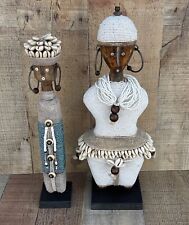 2 African Beaded Namji Dolls Fertility Wood & Shell White and Blue 14
