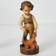 DOLFI Boy with Wagon Teddy Bear Carved Wooden Figurine Wood Italy 2.75