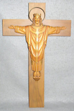 Vintage Wall Cross Figural Jesus Christ w/Halo Wooden Anri Italy 15 3/4 inches picture