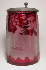 Antique 19thC German Bohemian Etched Cut Overlay Glass Lidded Stein Black Forest picture