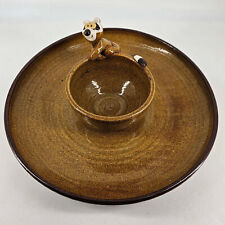 Studio Art Pottery Chip Dip Snack Platter w Bowl attached sneaky racoon picture