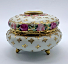 Vintage Nippon Porcelain 3-Footed Floral Hair Reciever, Trinket Box Pink, Gold picture