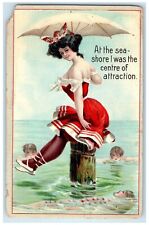 c1910's Beach Bathing Beauty At The Sea With Umbrella Monticello MN Postcard picture