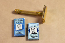 Vintage GILLETTE Gold Tone Razor with 2 Boxes of Vintage Gillette Blue Blades picture