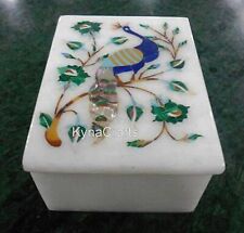 6 x 4 Inches White Marble Jewelry Box Peacock Pattern Inlay Work Decorative Box picture