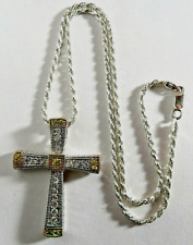 BEAUTIFUL STERLING SILVER & GOLD STONES CROSS & CHAIN PENDANT NECKLACE 16