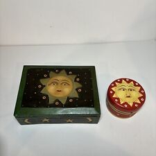 Lot Of 2 VTG Whimsical gothic Celestial Sun Wooden wood Jewelry Trinket Boxes picture
