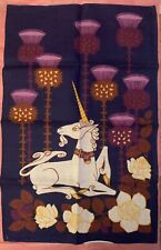 Rare Vintage 1970s Unicorn Thistles Roses Linen Tea Towel Purple Wall Art MCM picture