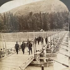 Military Inspecting Bridge Uniform Boats Vintage Stereograph Stereoview Card 3D picture