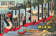 UP Ishpeming Marquette MI ANTIQUE COLORFUL COLLECTIBLE Large-letter Postcard picture