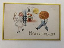 Boy With JOL Head Chasing Girl, Owl Lookin HALLOWEEN Jolly Gibson Postcard 1910s picture