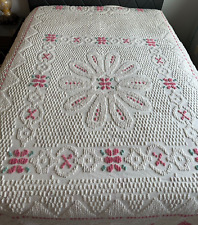 Vintage Chenille Bedspread  Pink and Cream Fringed 118