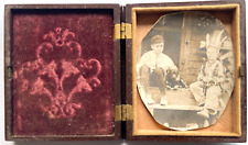 ANTIQUE FLORAL PATTERNED THERMOPLASTIC UNION PHOTOGRAPH CASE & PHOTO OF BOYS DOG picture