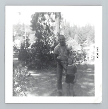Vintage 60s Photo - Father and Son - Forest Vacation - Black And White Snapshot picture