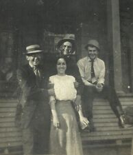 Three Men Hugging Pretty Woman On Porch B&W Photograph 2.25 x 3.25 picture