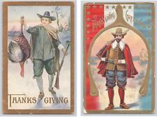 Postcard 2 Thanksgiving Hunters With Shotguns Turkey Wishbone Patriotic Vintage picture