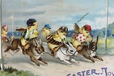 Dressed CHICKS Jockeys on RABBITS EASTER Antique Vintage 1914 FANTASY Postcard picture