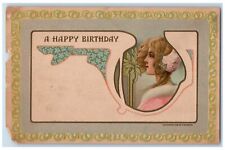 c1910's Happy Birthday Curly Hair Pansies Flowers Art Nouveau Embossed Postcard picture