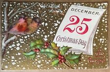 Calendar Birds Holly Embossed Antique Christmas Postcard c1910 picture
