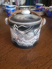 Chinese Dragonware Sugar Bowl With Bamboo Handle Majolica Raised Design 3” Tall  picture