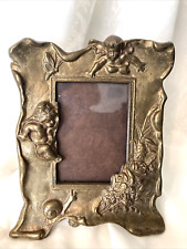 Vintage Heavily  Embossed Brass Table Frame  Cherubs  Bouquet  Butterfly Snail picture
