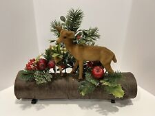 Vtg 50s Flocked Deer Poinsettia Christmas Yule Real Log Centerpiece 14” picture