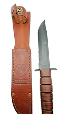 Genuine KA-BAR Olean, NY USMC Fixed Blade Knife W/ Leather Sheath - Serrated picture