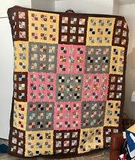 VINTAGE Handmade Tied Quilt BrownYellow Pink Green Patchwork Squares 85