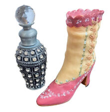 Vtg Mini Victorian Boot Floral Crystal Perfume Bottle 1800s Figurine Decor Set picture