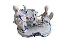 Vintage Victorian Porcelain Woman Playing Piano Woman Listening Blue White Gold picture