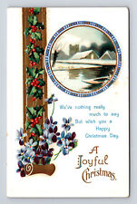 c1912 Joyful Christmas Violet Flowers Mistletoe Snowy Hamlet Canoe IAPC Postcard picture
