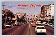 Anaheim CA-California, Center Street Shops, 50's Cars, Antique Vintage Postcard picture