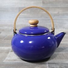 VTG Enamel Metal Cobalt Blue Tea Kettle Pot Bent Wood Handle Made in Thailand picture