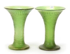 PAIR ANTIQUE LOETZ VASES IRIDESCENT GREEN ART GLASS CRETA CHINE STUNNING 9.25” picture