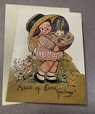 Vintage EASTER GREETING CARD Embossed Child With Bunny Shackman (L1) picture