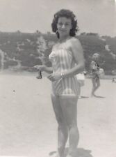 Old Photo Snapshot Pretty Woman In One Piece Suit At Beach #51 Z45 picture