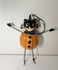 Vintage Halloween Black Cat Pumpkin Ornament With Spring Arms & Legs picture