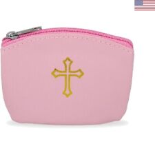 Compact Pink PU Leather Rosary Pouch with Gold Cross Imprint - Gift Idea picture