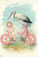 Postcard C-1910 Bicycle Cycling Stork baby greeting undivided TP24-718 picture