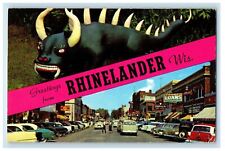 1959 Rhinelander and Car Greetings from Rhinelander Wisconsin WI Postcard picture