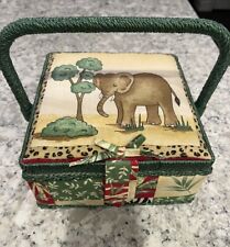 Vintage Nature Elephant Print Cloth Covered Sewing Box Basket Great Condition picture