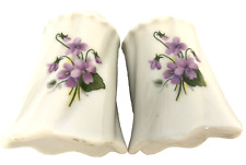 Salt Pepper Shakers Vtg Hand Painted Porcelain White Purple Flowers Cottage Core picture