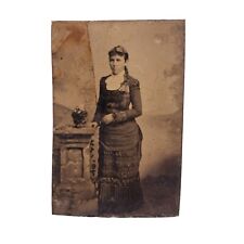 Antique Tintype Studio Photo Victorian Woman Standing Pedastal Braid Bustle picture