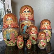Vintage Fairytale Cat and Mouse Russian Nesting 7 Dolls Wooden 8.5” Tall picture