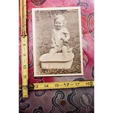 Smiling Toddler Kid Playing Water Enamelware Pan Basin Toy Antique Candid Photo picture