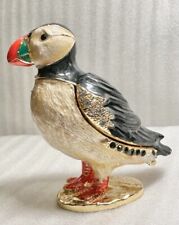 Puffin Bird Enamel Trinket Box Hinged Lid Magnetic Closure Crystal Accents 2.5”H picture
