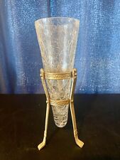 Vintage Crackle Glass Vase With Brass Pedestal Stand Floral 8” India picture