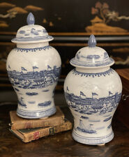 Stunning Blue White Chinoiserie Maritime Temple Ginger Jar Tea Caddy Pair 10.5” picture