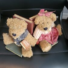 Vintage set of plush Teddy bear wooden bookends. Girl & Boy 