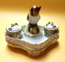 VTG HEREND Hand Painted Hungarian Porcelain Bird Nest Writing Desk Dbl Inkwell picture